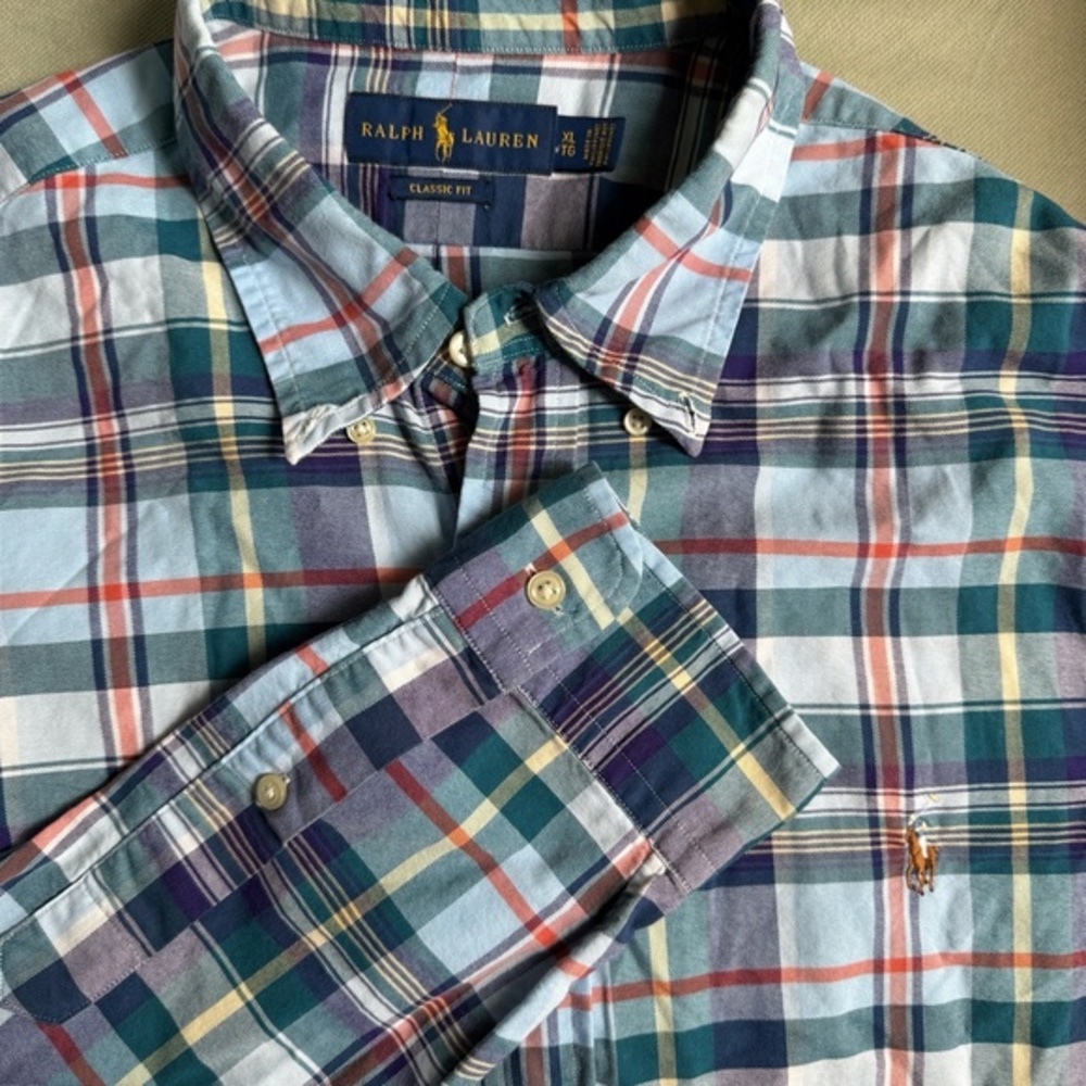 Ralph Lauren Plaid Button Down Mens XL Flesh Pony Classic Fit Blue Plaid Preppy